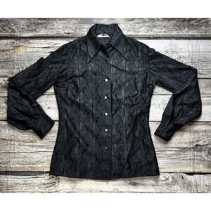 Vintage 60-70's MALBE Black Textured Blouse Womens Size 8 Button Front LS Lace